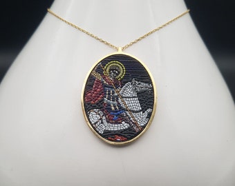 Saint George Silver Necklace, St George 925 Sterling Silver Pendant, Christian Mosaic Gift Necklace