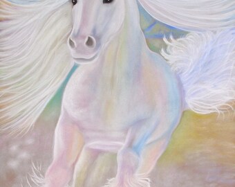 Impression d&#39;art A4 ou A3 - Art sacré de la guérison (cheval blanc avec cristaux et neige), art transformationnel, art alchimique