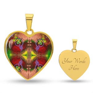 May include: Two gold-colored heart-shaped pendants. One pendant features a colorful abstract design with red, green, yellow, and purple accents. The other pendant has the words "Your Words Here" engraved on it.