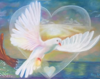A4 or A3 Art Print- Healing Art - Illumination (Dove flying through heart portal with golden egg), transformational art