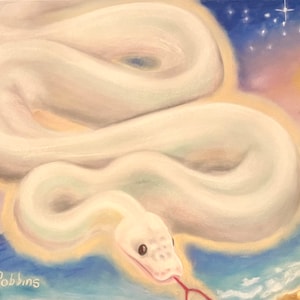 May include: A pastel painting of a white snake with a red tongue, curled up on a beach with a blue sky and stars in the background. The artist's signature, "Tracy Robbins", is in the bottom left corner.