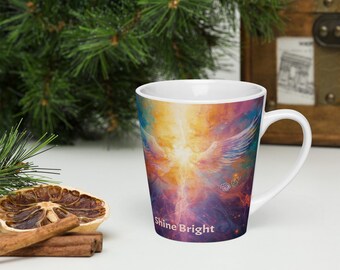 Kubek do kawy Bright Angel, 12-uncjowa filiżanka do kawy, z symbolami języka światła i napisem „Anielskie światło świeci na nim jasno, kosmiczne kolory”