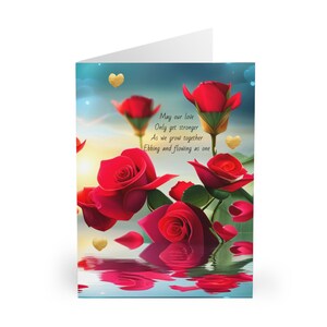 Grande carte de voeux d'amour (carte unique), message à un amoureux, message d'amour, anniversaire, roses rouges, coeurs, Saint-Valentin, intérieur vierge