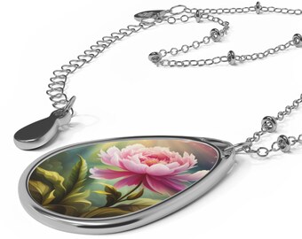 Peony Flower Oval Necklace, gift for her, mom, mum