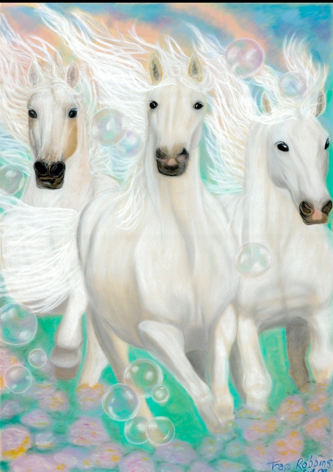 Carte de voeux - Grâce de l'art de la guérison (chevaux blancs galopant avec des bulles)