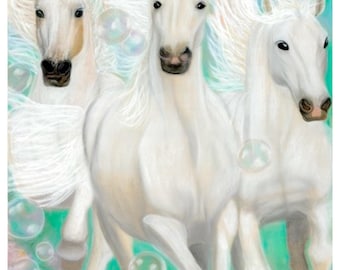 Impression d&#39;art A4 ou A3 - Grâce de l&#39;art de la guérison (chevaux blancs galopant vers l&#39;avant avec des bulles), art transformationnel, dynamisé