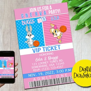 Looney Toons Gender Reveal, Digital Download, Ticket-Einladung, Gender Reveal Party, Lola und Buggs Gender Party, Jungen- oder Mädchen-Einladung
