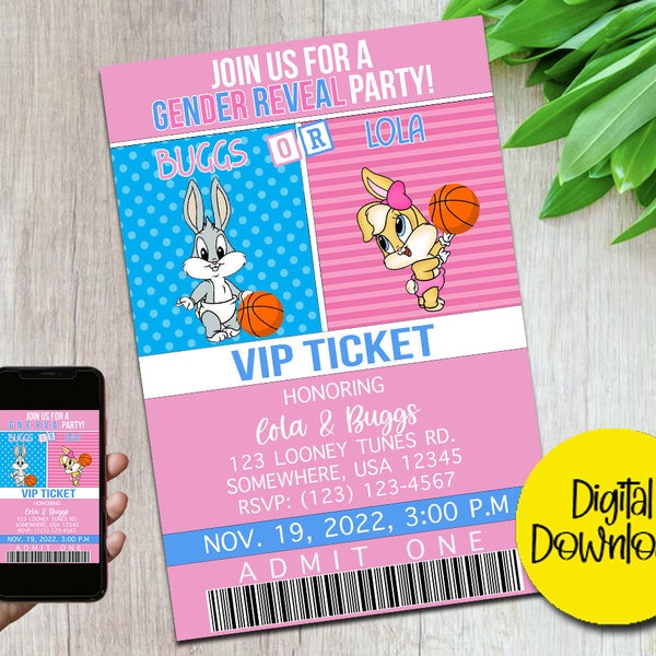 Looney Toons Gender Reveal, Digitale Download, Ticket Uitnodiging, Gender Reveal Party, Lola en Buggs Gender Party, Jongen of Meisje Uitnodiging