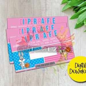 May include: Three pink and blue raffle tickets with a cartoon bunny and a cartoon chick holding basketballs. The tickets say "Diaper Raffle" and "Bring diapers for girl, bring wipes for boy for a chance to win a prize!"