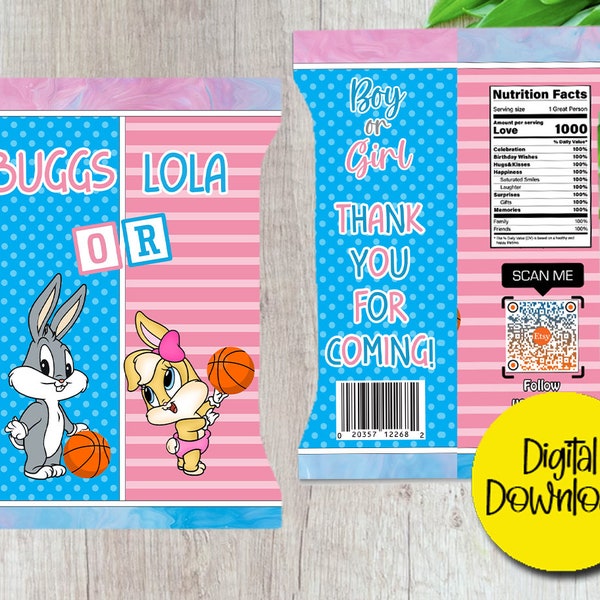 Looney Toons Gender Reveal, Digital Download, Chip Bag Digital, Gender Reveal, Boy or Girl, Lola Bugs Chip Bag