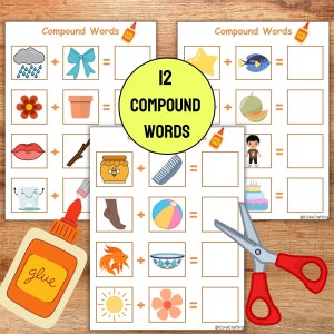 Folha de atividade de palavras compostas, folha de trabalho para impressão, cola de corte, material para professor de jardim de infância, alfabetização, ensino em casa