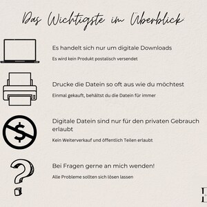 May include: A graphic with text in German that says "Das Wichtigste im &Uuml;berblick" which translates to "The most important things at a glance". The graphic lists information about digital downloads, including that they are for personal use only and cannot be resold or shared publicly. The graphic also includes icons of a laptop, printer, and a dollar sign with a line through it.
