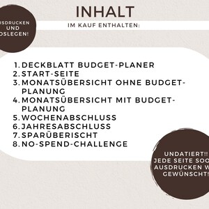 May include: A printable budget planner with a brown background and white text. The planner includes a cover sheet, start page, monthly overview pages, weekly and yearly summaries, a savings overview, and a no-spend challenge. The text "UNDATIERT!! JEDE SEITE SOOFT AUSDRUCKEN WIE GEW&Uuml;NSCHT!" is in a brown circle at the bottom right.