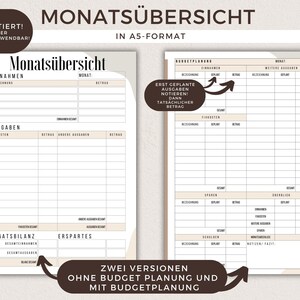 May include: A printable monthly budget planner in A5 format. The planner has two versions: one with budget planning and one without. The planner includes sections for income, expenses, fixed costs, savings, and a monthly balance.