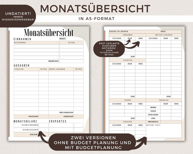May include: A printable monthly budget planner in A5 format. The planner has two versions: one with budget planning and one without. The planner includes sections for income, expenses, fixed costs, savings, and a monthly balance.