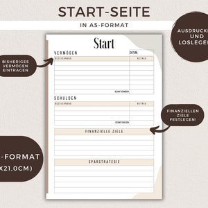 May include: A printable financial planning worksheet in A5 format (5.83 x 8.27 inches). The worksheet is titled "Start-Seite" and includes sections for listing assets, debts, financial goals, and a savings strategy.