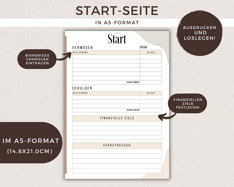 May include: A printable financial planning worksheet in A5 format (5.83 x 8.27 inches). The worksheet is titled "Start-Seite" and includes sections for listing assets, debts, financial goals, and a savings strategy.