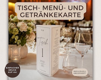 Table menu and drinks list - table number, personalized and individually edited, PDF file for self-printing, wedding template