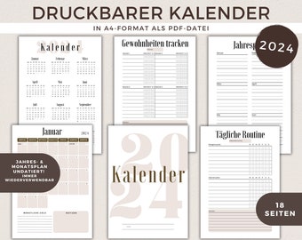 2024 Kalender Druckbar, Deutsch, Monatlicher Kalender zum Ausdrucken, Minimalistisch, A4, Download, Gewohnheitstracker, Routine, Planer 2024