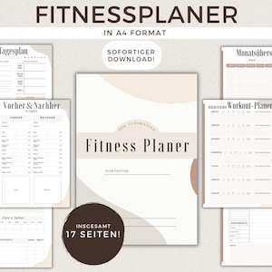 May include: A printable fitness planner in A4 format with a minimalist design featuring beige and brown abstract shapes. The planner includes sections for daily meal plans, workout logs, and monthly overviews. The text "Der Ultimative Fitness Planer" is featured on the cover.