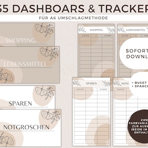 Può includere: Un set di 35 dashboard e tracker di budget stampabili per il metodo della busta. I fogli stampabili sono progettati con uno sfondo beige e presentano un design a foglia di ginkgo. Il testo sui fogli include "Shopping", "Lebensmittel", "Sparen" e "Notgroschen".