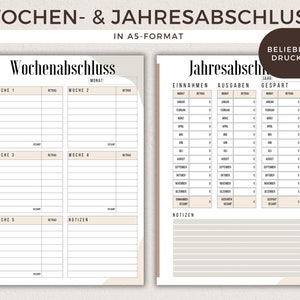 May include: A printable weekly and yearly budget planner in A5 format. The weekly planner has five sections for each week of the month, with space for notes. The yearly planner has sections for income, expenses, and savings for each month of the year.