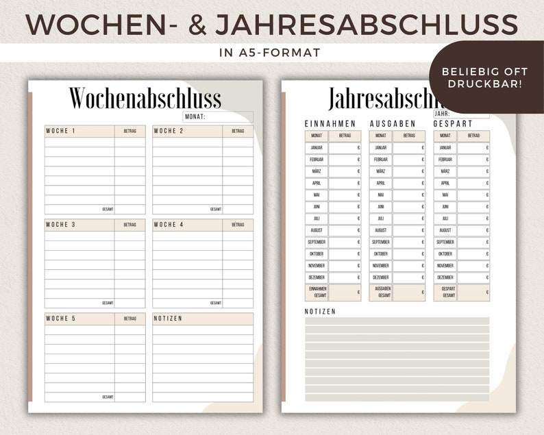 May include: A printable weekly and yearly budget planner in A5 format. The weekly planner has five sections for each week of the month, with space for notes. The yearly planner has sections for income, expenses, and savings for each month of the year.