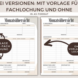 May include: Two versions of a monthly budget planner template in A5 format. One version has a 6-hole punch for a binder and the other does not. The template includes sections for income, expenses, and savings.