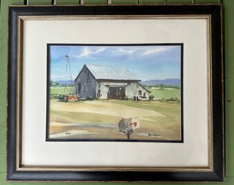 Old Barn with Windmill - original watercolor painting by Bob Askew home decor gift