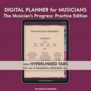 Planificador musical digital para practicar música con pestañas con hipervínculos y menús divisorios interactivos.