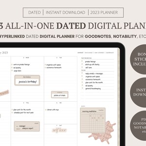 May include: A digital planner for Goodnotes, Notability, and other note-taking apps. The planner is dated for 2023 and includes a weekly layout with space for daily tasks, notes, and appointments. The planner also includes a bonus sticker pack.
