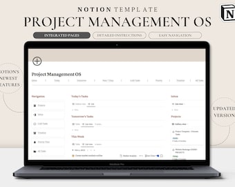 May include: A screenshot of a laptop displaying a Notion template for project management. The template is titled "Project Management OS" and includes sections for navigation, today's tasks, tomorrow's tasks, this week, inbox, and projects. The template is designed to help users organize and manage their projects.
