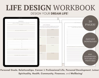 Könnte beinhalten: Ein digitales Arbeitsbuch mit dem Titel "Life Design Workbook: Design Your Dream Life!" Das Arbeitsbuch ist in Abschnitte für Ziele, einen Lebenskompass und eine Liste verschiedener Pfade unterteilt. Das Arbeitsbuch steht zum sofortigen Download in den Formaten PDF, Goodnotes, Notability und druckbar zur Verfügung. Das Arbeitsbuch umfasst 30 Seiten.