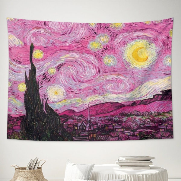 Pink Starry Night Tapestry Wall Hanging Aesthetic Starry Night Oil Painting Abstract Art Rustic Decor for Living Room Bedroom Bathroom Dorm