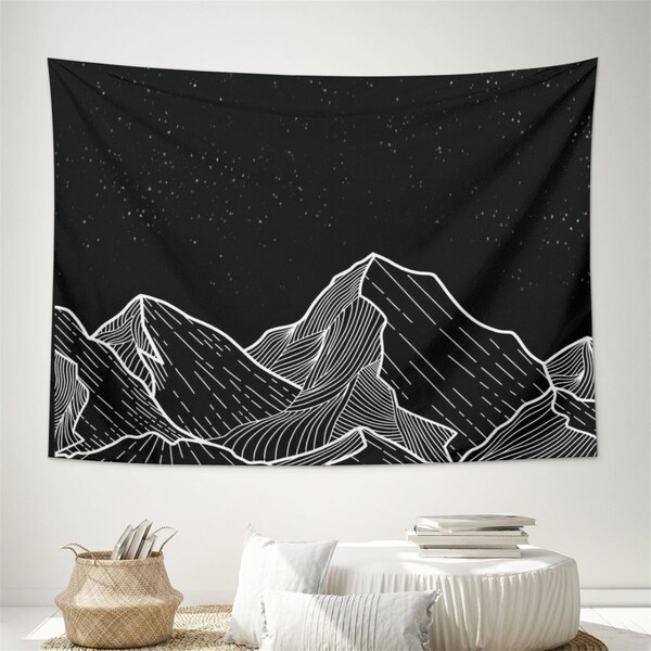 Mountains Tapestry Starry Night Tapestry Black and White Wall Tapestry for Bedroom Living Room Dorm Decor