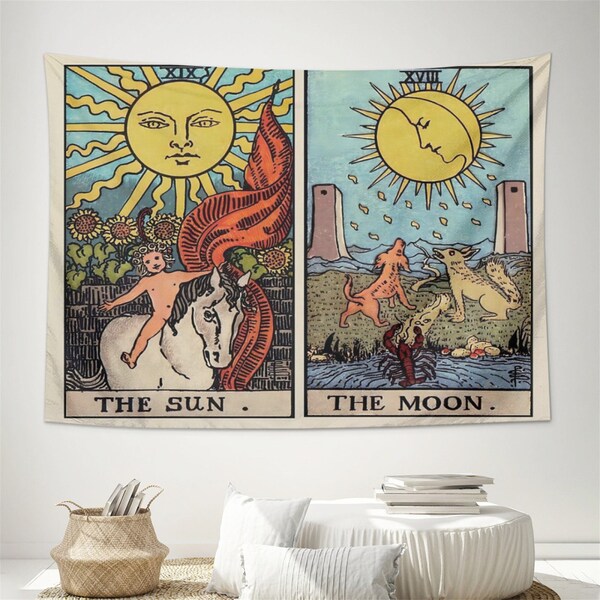 Tarot Tapestry for Bedroom Aesthetic Sun Moon and Star Tarot Card Tapestry Mini Tapestries Wall Hanging for Living Room Dorm