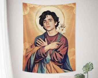 Saint Timothee Chalamet Tapestry, Rock Band Singer Funny Meme Jesus Wall Hanging Tapestry for Bedroom Living Room Dorm decor