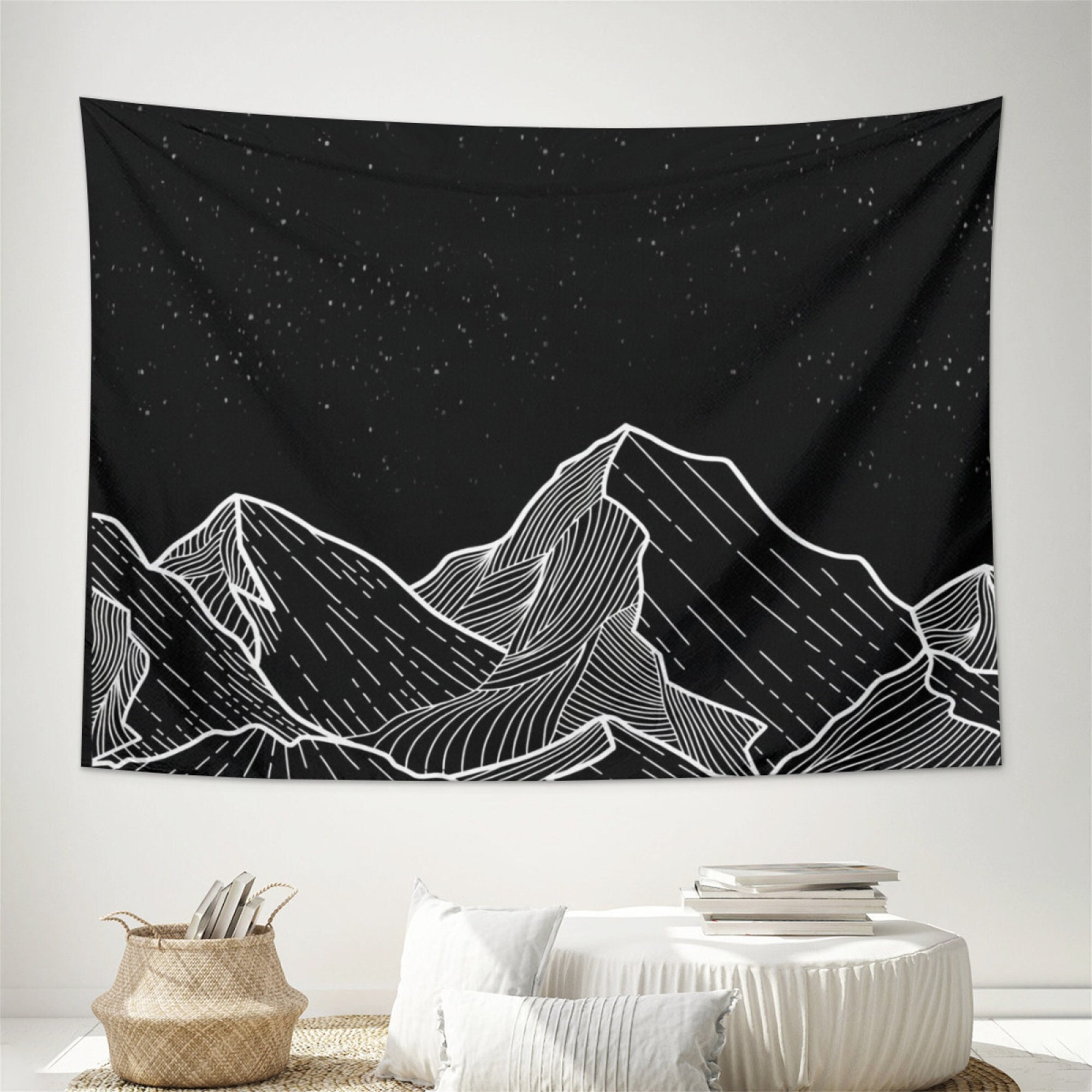 Mountains Tapestry Starry Night Tapestry Black and White Wall