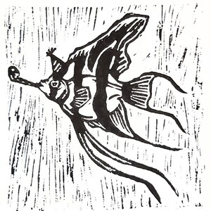 Handmade birthday card. Funny Fish lino print.