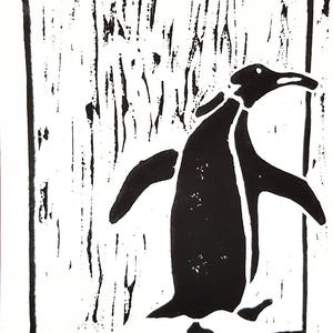Penguin, handmade lino print.