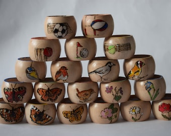 Hand-Painted & Pyrography Napkin Rings – Set of 2, Birds, Butterflies
