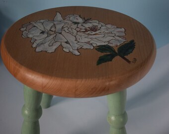 Wooden stool decorated with pyrography and hand painted 'White rambling roses'