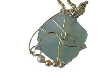 Sea Glass wire wrapped pendant 'Sea Pearls'