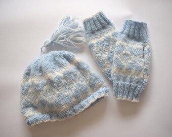 Hand knitted Fair isle patterned hat and fingerless mittens