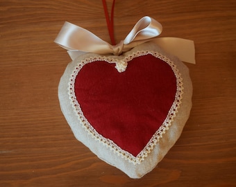 Handsewn heart in linen, needlecord and vintage lace