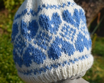 Hand knitted Fair isle Hearts Blue & cream Hat Made to Order
