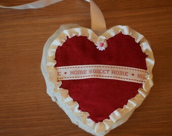 Home Sweet Home hand sewn heart in linen and needlecord & ribbon