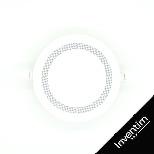May include: White round ceiling light fixture with a circular, white, frosted glass diffuser surrounded by a ring of small holes.