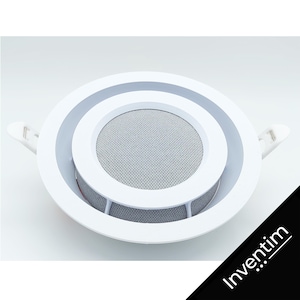 May include: White ceiling speaker with a round, white, mesh grille. The speaker has a white trim around the grille and a white outer ring.