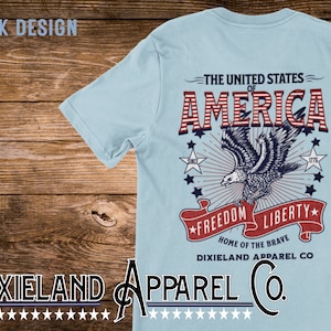 USA Patriotic Graphic T-shirt,  Chambray Comfort Colors Unisex , Red, White and Blue, Liberty, Freedom. gift for patriotic American, Veteran